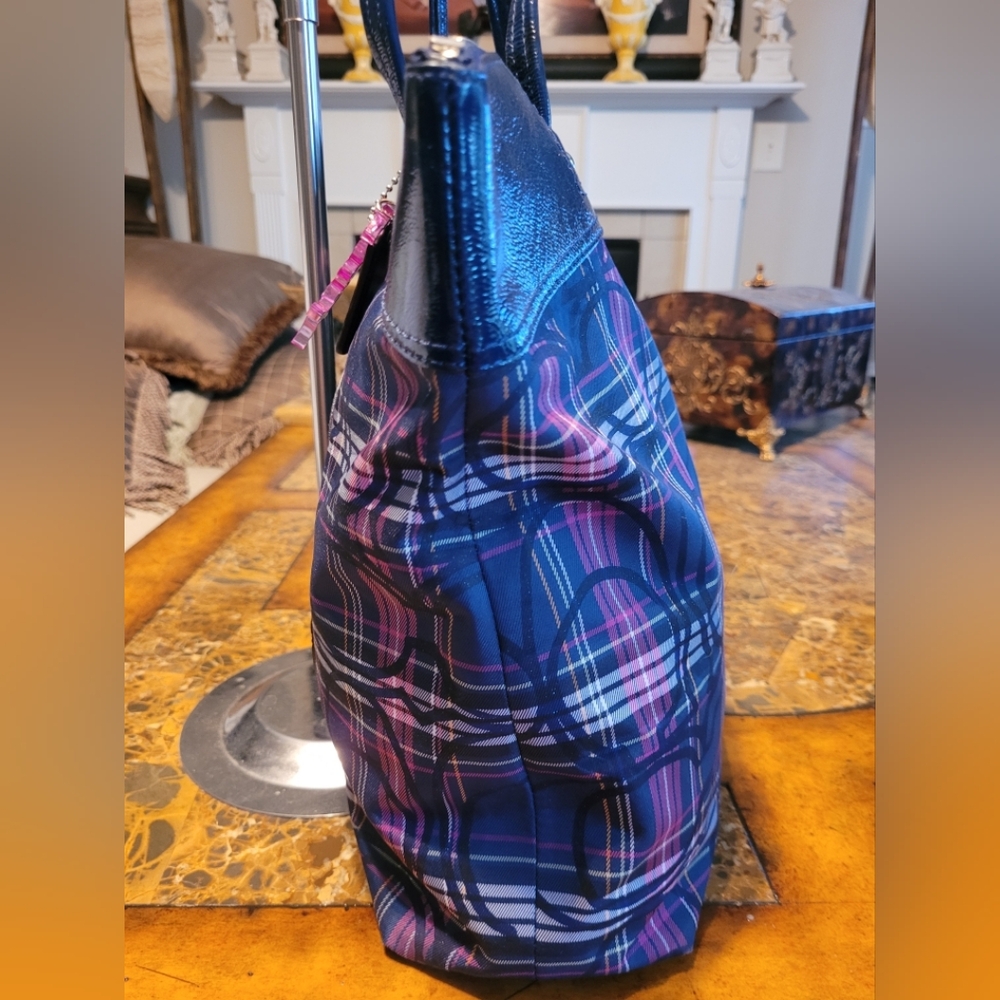 Coach Tartan Poppy Blue and Pink Plaid Tote Bag - Picture 3 of 9